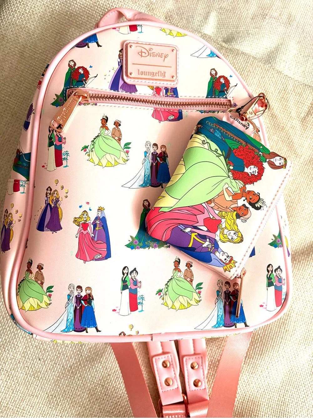 Loungefly Pink Disney Princesses Kids Mini Backpack with Matching Cardholder